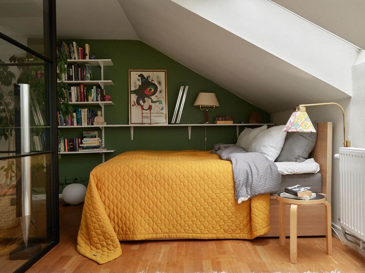 green-yellow-bedroom-shelves-slanted-ceiling-nordroom