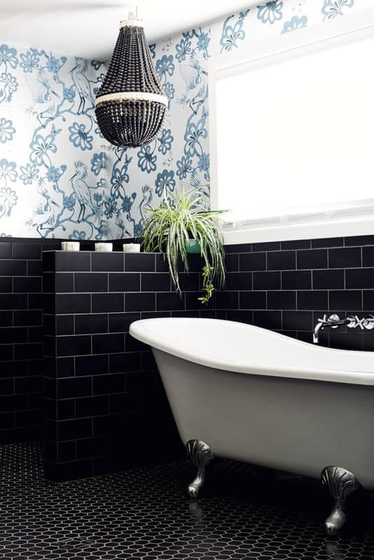 bathroom design black subway tiles blue wallpaper nordroom 50 Amazing Black Bathroom Design Ideas