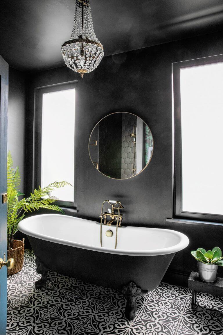 Black and Gray Bathrooms - 15+ Awesome Inspirational Ideas 15 Black and white clawfoot vintage bathtub on patterned black and white floor tiles.