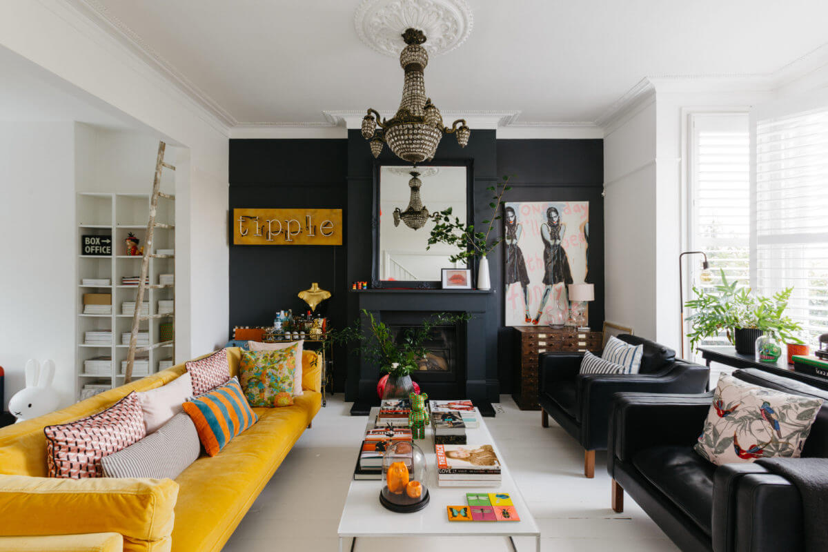 black-white-sitting-room-yellow-sofa-black-fireplace-victorian-house-london-nordroom