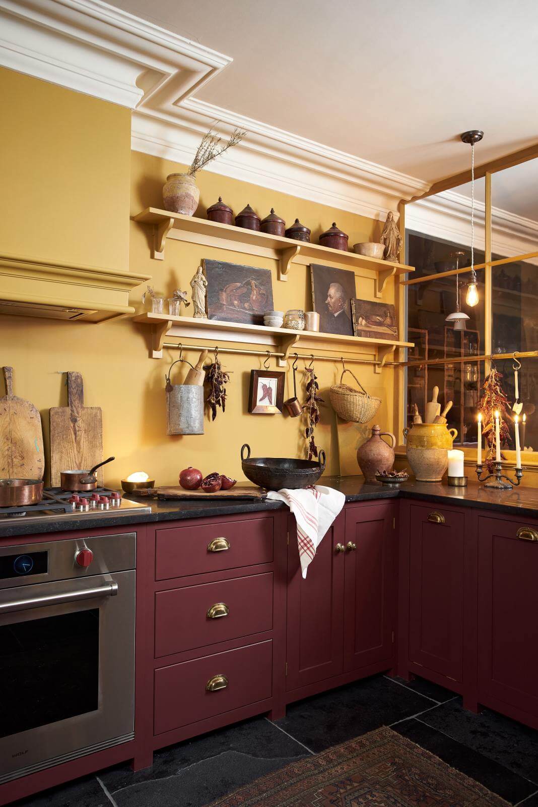 Yellow kitchen walls with brown cabinets discount