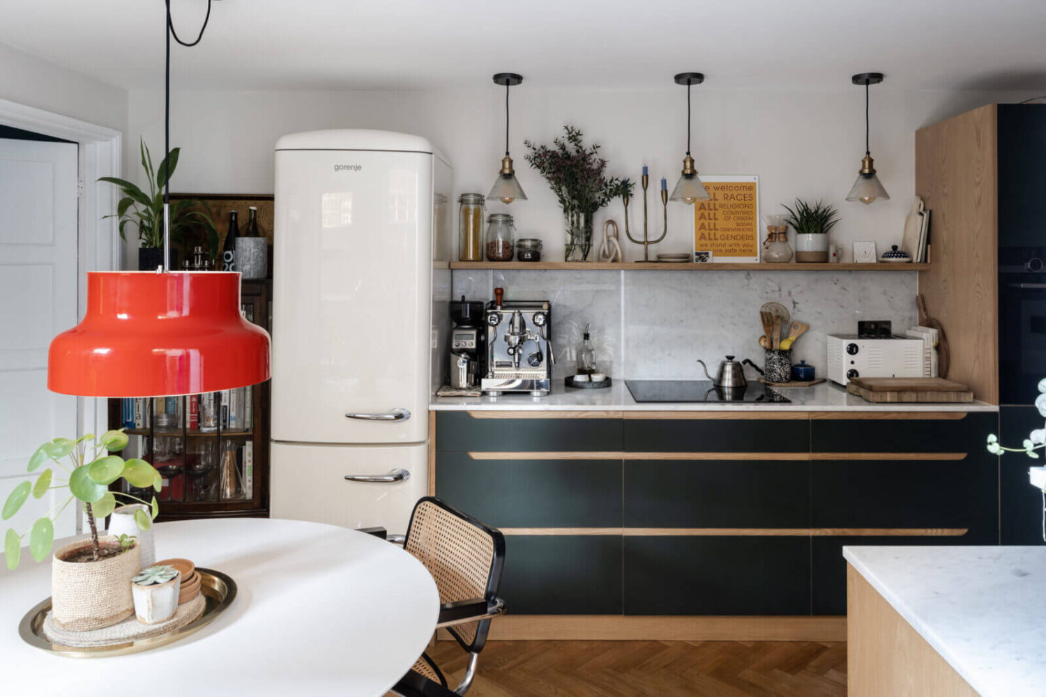 kitchen-deep-olive-green-cabinets-parquet-floor-marble-worktop-nordroom