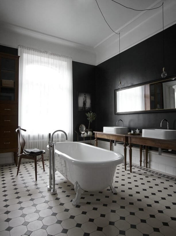 spacious bathroom black walls freestanding bath nordroom 50 Amazing Black Bathroom Design Ideas
