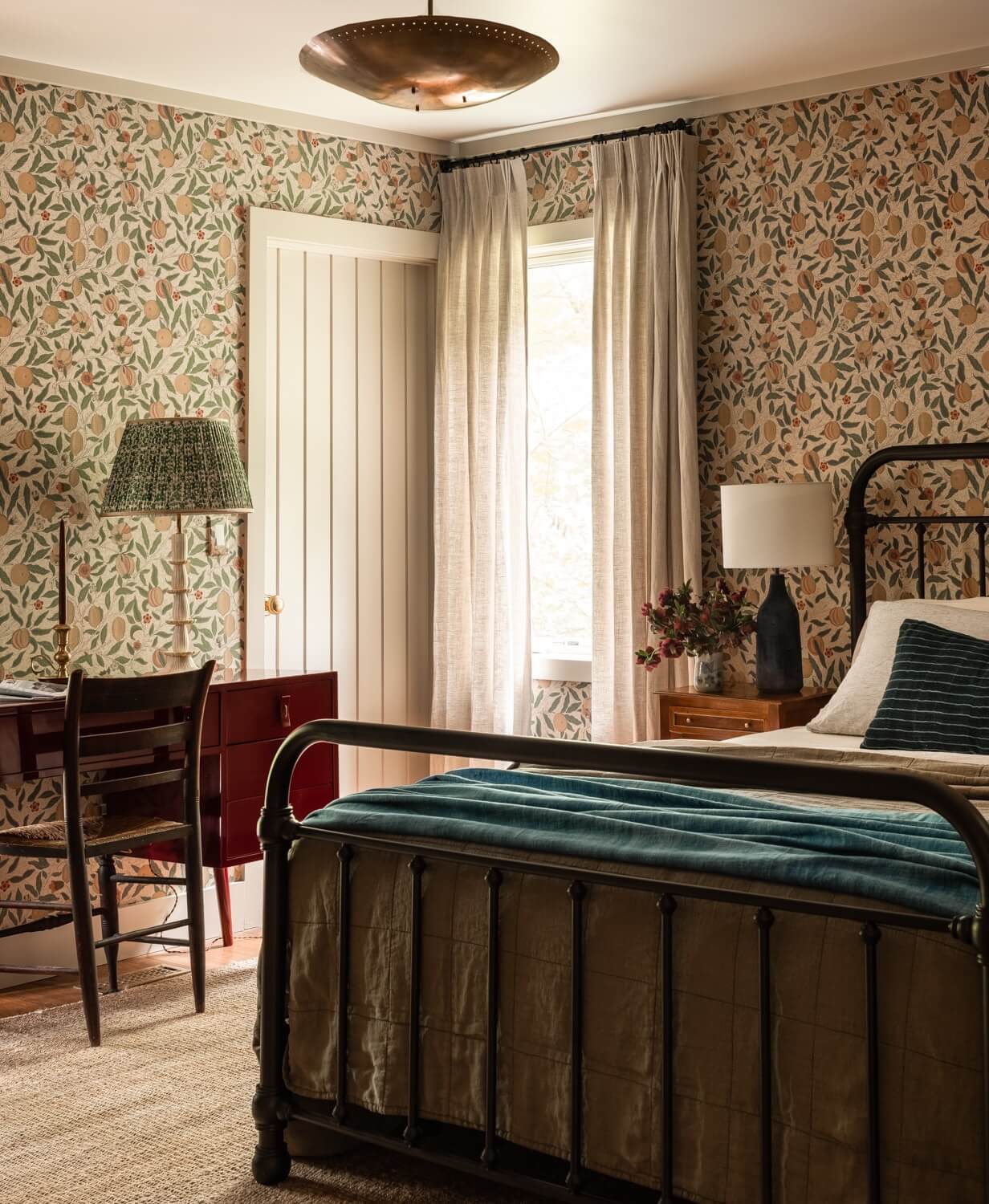 Heidi-Caillier-Design-CT-country-house-Dutchess-County-design-bedroom-william-morris-iron-bed-red-desk-Nordroom