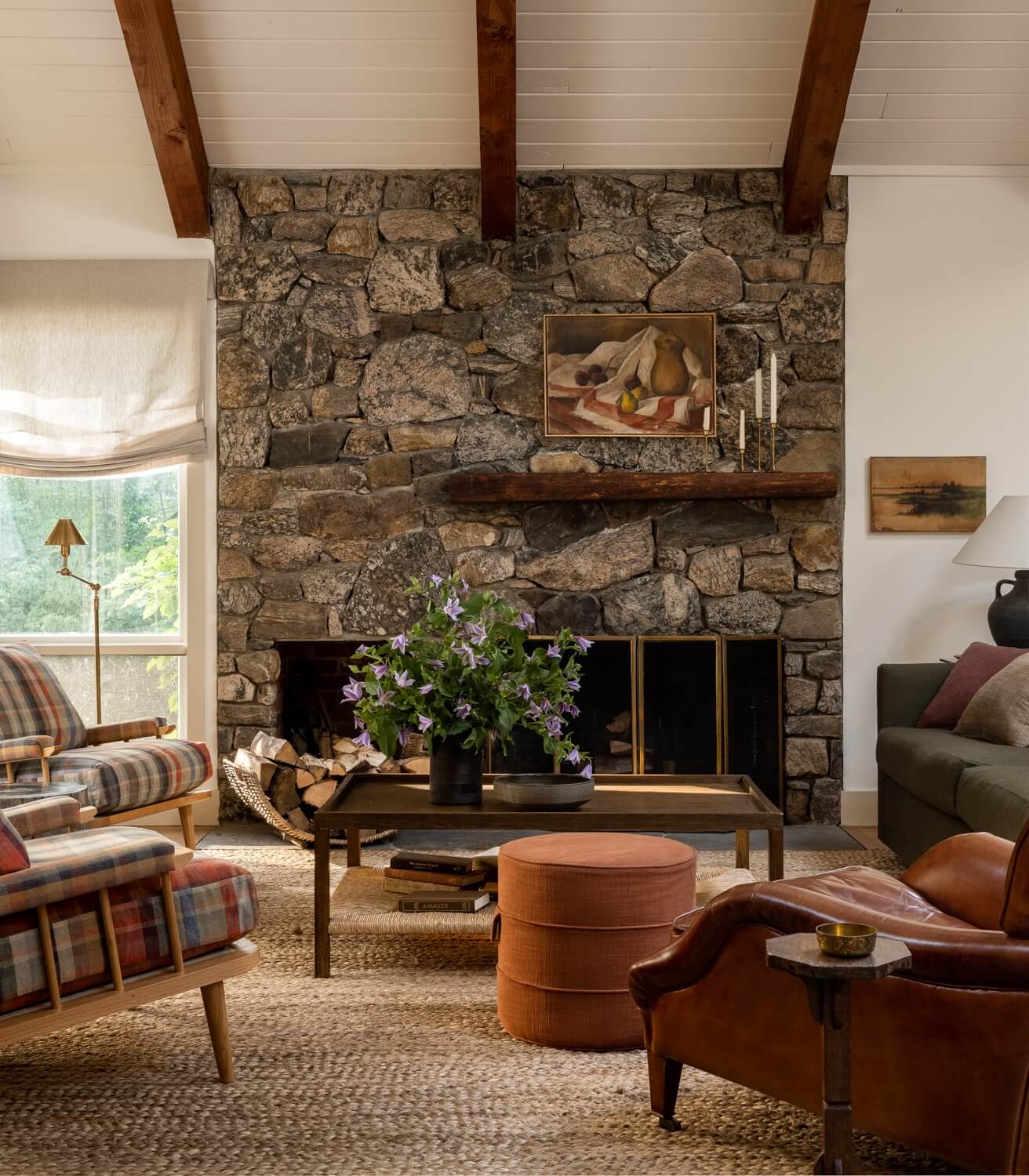 Heidi-Caillier-Design-CT-country-house-Dutchess-County-design-living-room-stone-fireplace-beams-jute-rug-Nordroom