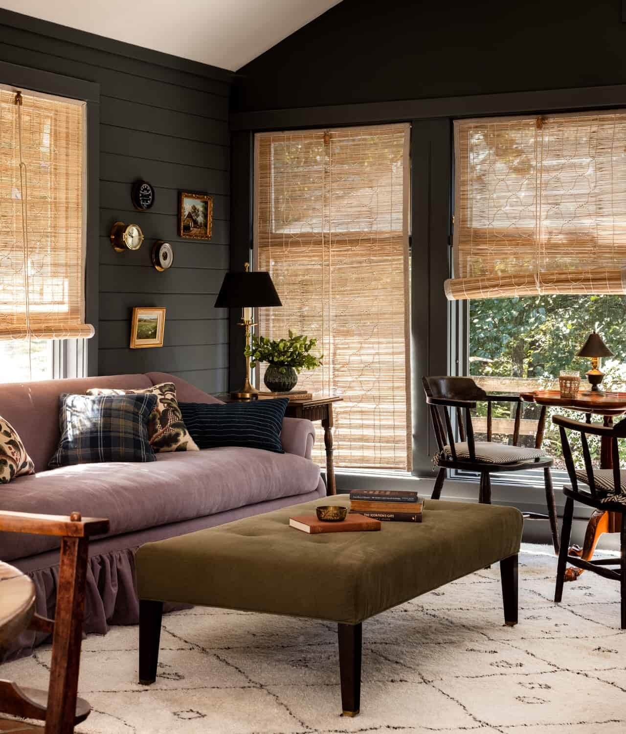 Heidi-Caillier-Design-CT-country-house-Dutchess-County-design-sunroom-dark-paint-indian-chx-blinds-purple-sofa-Nordroom