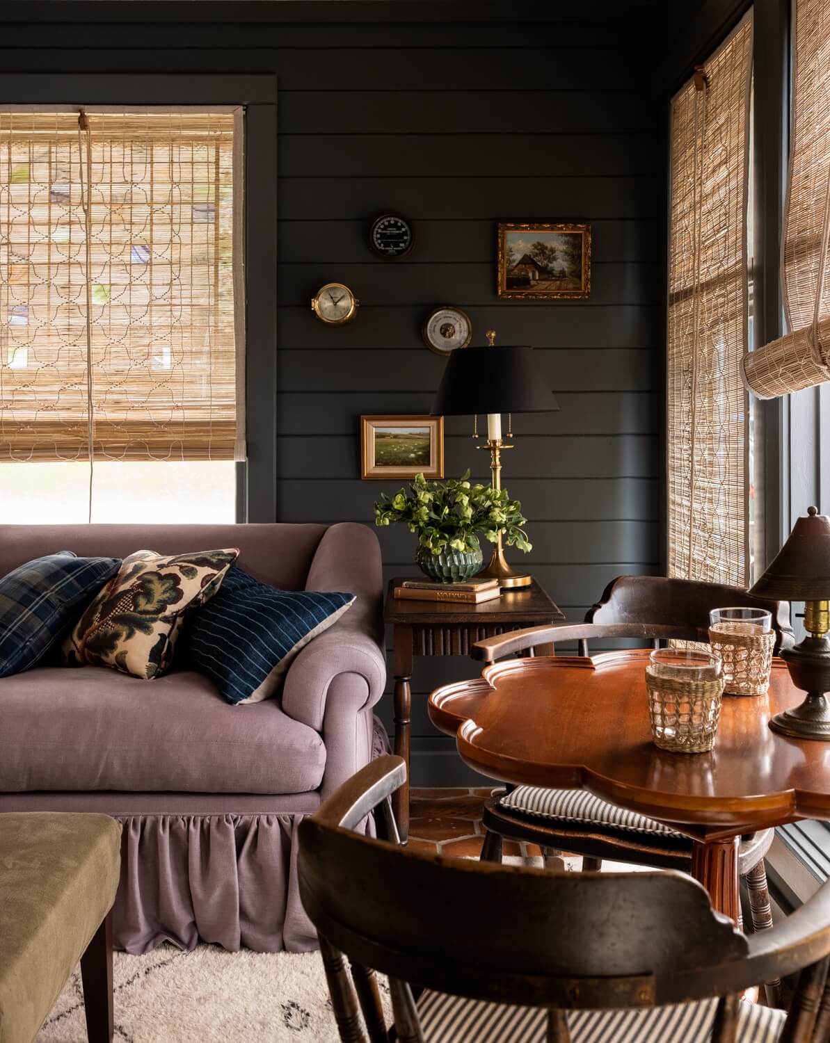 Heidi-Caillier-Design-CT-country-house-Dutchess-County-design-sunroom-dark-paint-indian-chx-blinds-purple-sofa-vintage-game-table-Nordroom