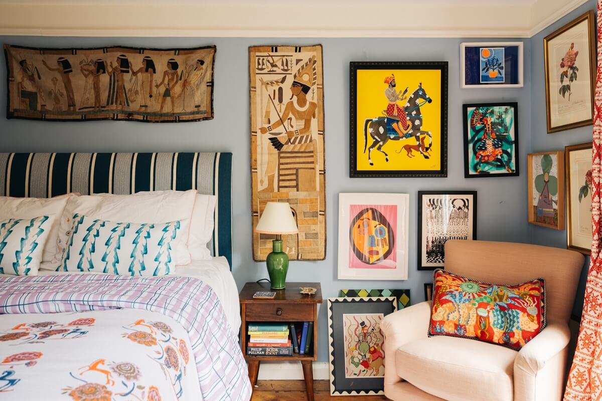 bedroom-lulworth-blue-farrow-ball-wall-color-gallery-wall-maximalist-design-london-victorian-architecture-nordroom