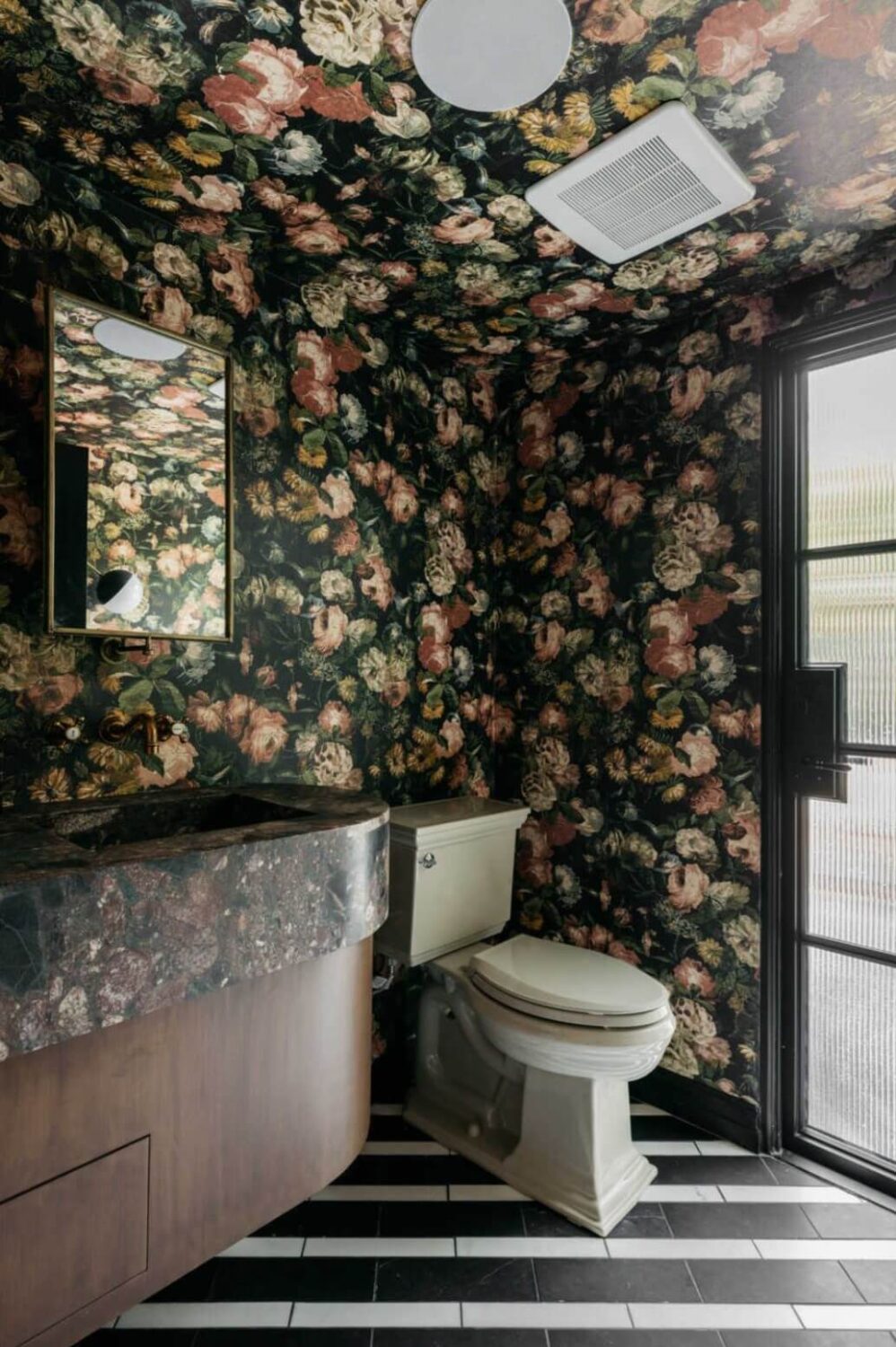 floral-wallpaper-powder-room-black-white-floor-tiles-nordroom