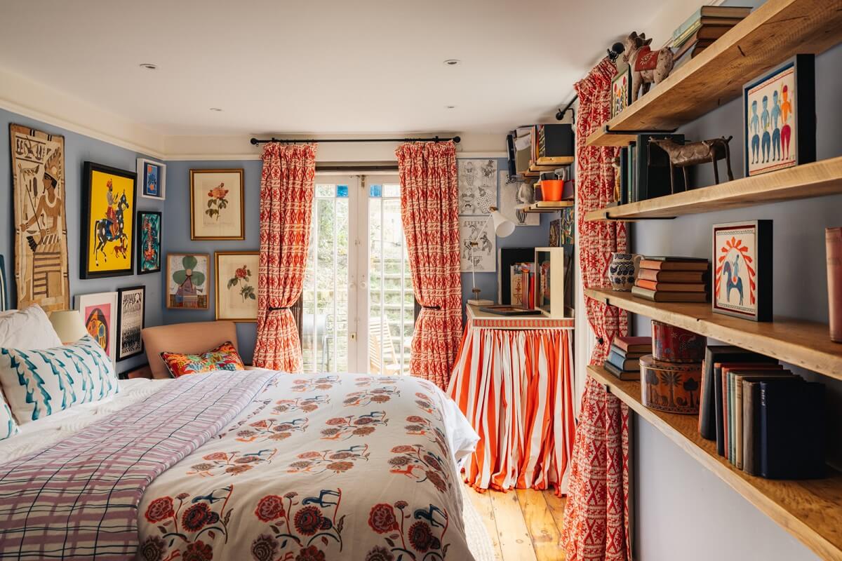 lulworth-blue-farrow-ball-bedroom-shelves-maximalist-decor-nordroom