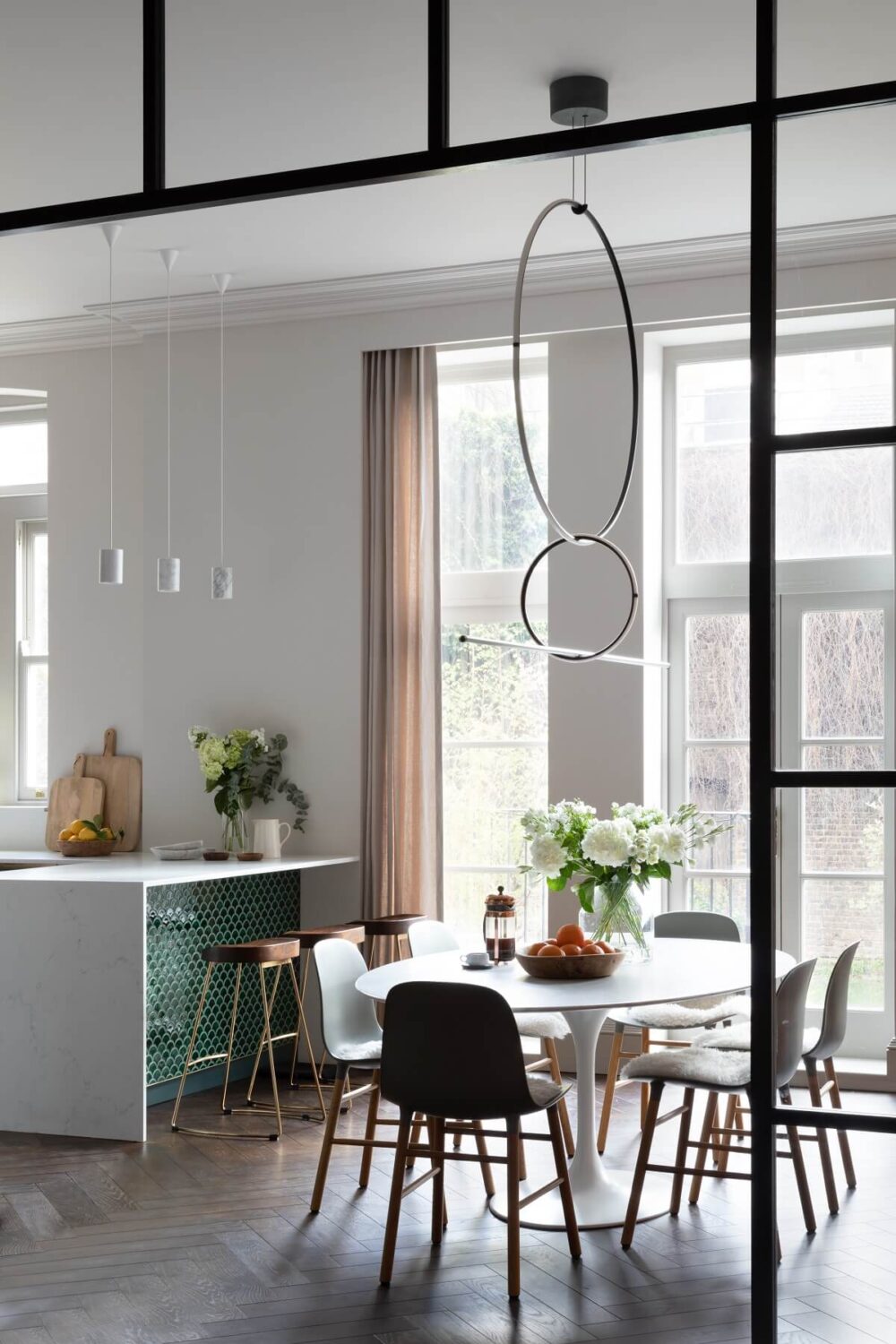 open-plan-kitchen-dining-room-crittal-doors-green-tiles-wooden-floor-victorian-home-london-frank-and-faber-nordroom