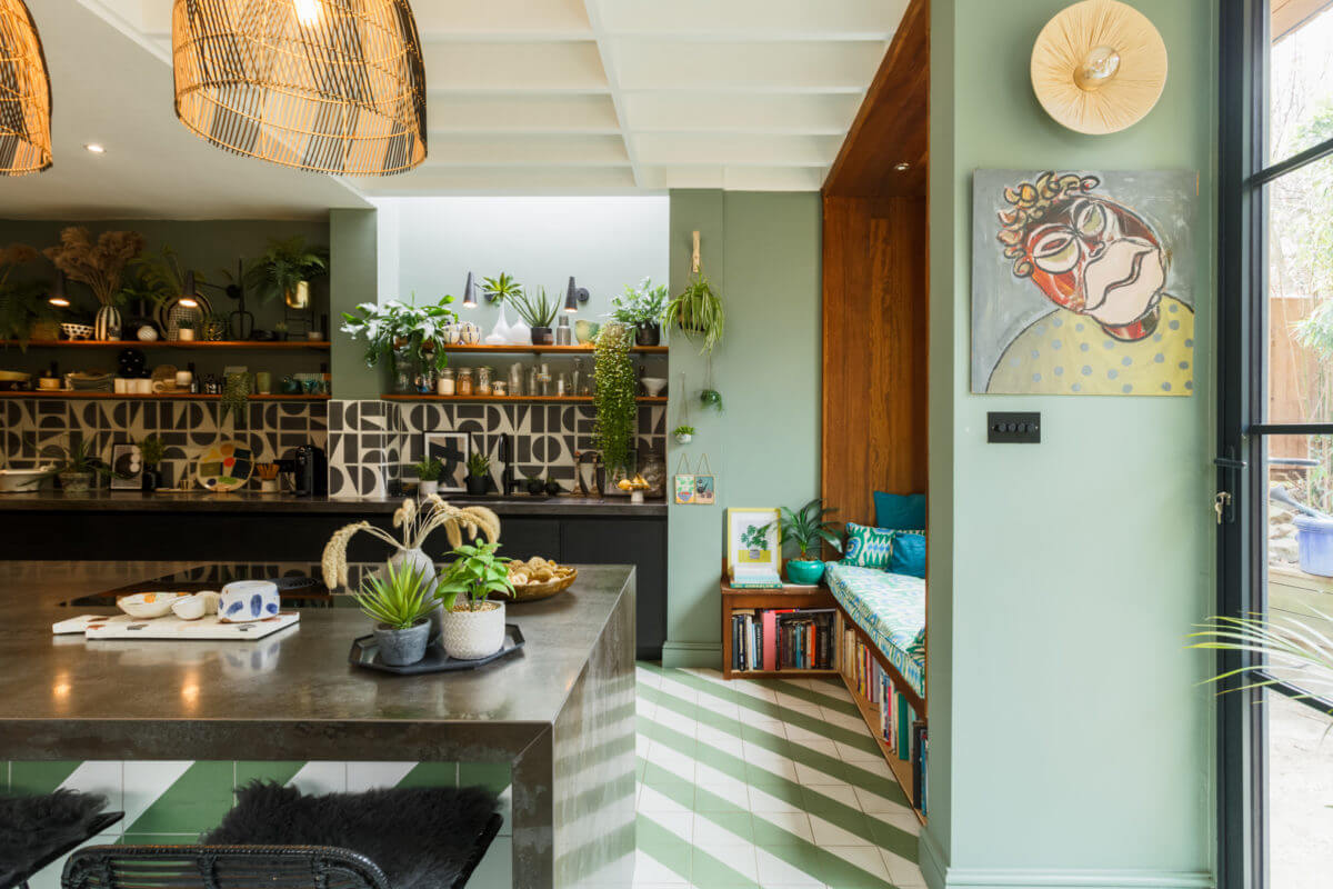 green-kitchen-window-seat-reading-nook-black-kitchen-cabinets-island-nordroom