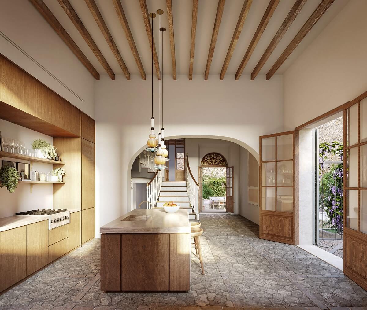 kitchen-wood-exposed-wooden-beams-stone-floor-kitchen-island-townhouse-mallorca-nordroom