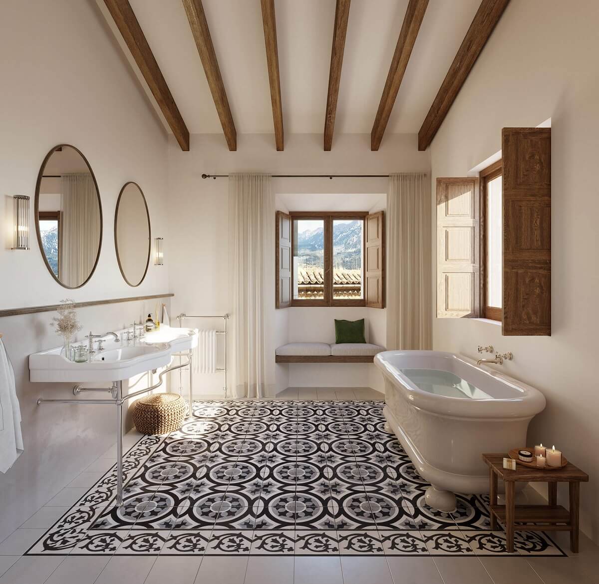 master-bathoom-exposed-beams-freestanding-bath-floor-tiles-round-mirrors-townhouse-nordroom