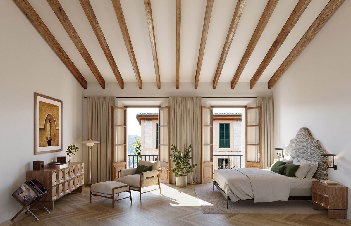 master-bedroom-sloped-ceiling-exposed-wooden-beams-nordroom