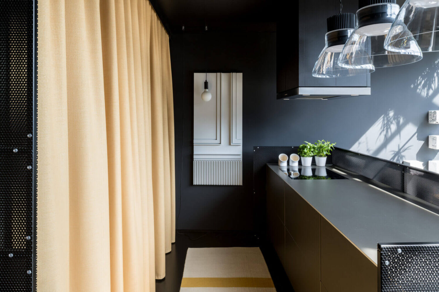 sleek-modern-kitchen-soft-yellow-curtain-nordroom