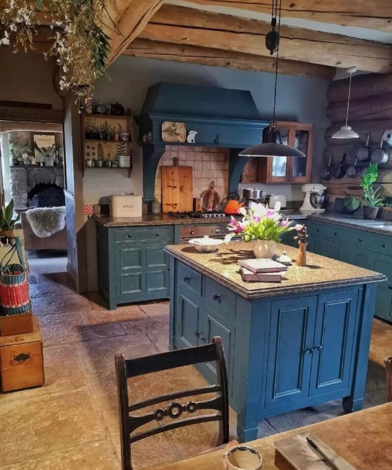 blue-kitchen-cabinets-island-country-style-log-house-scotland-nordroom