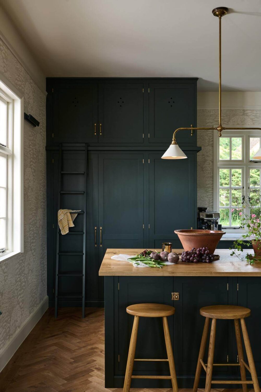 dark-green-kitchen-cabinets-island-breakfast-bar-zoe-ballountry-house-nordroom
