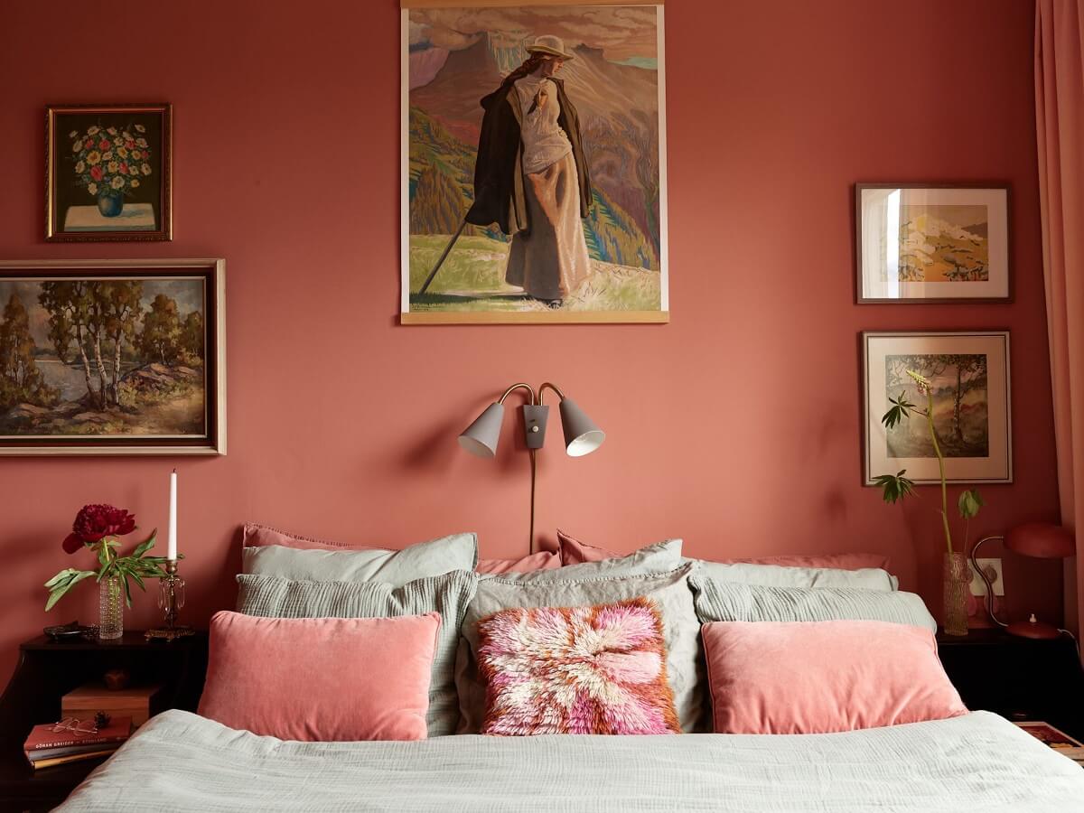 pink bedroom art colorful home Midcentury Furniture in a Pink and Green Home