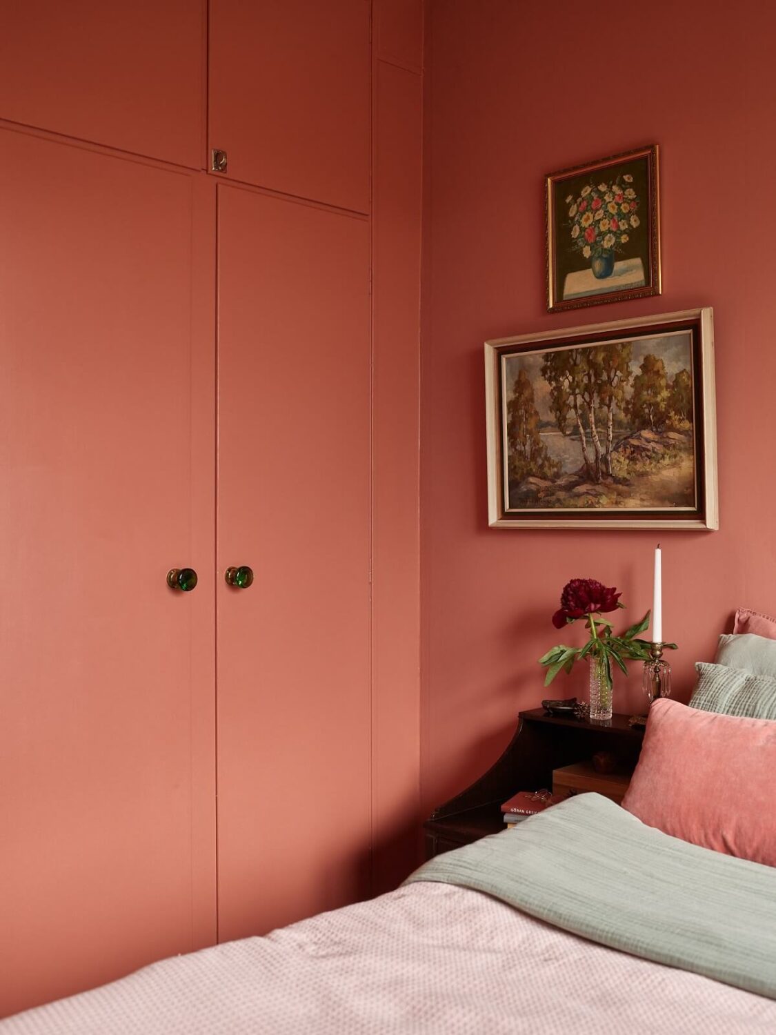 pink bedroom built in wardrobes nordroom Midcentury Furniture in a Pink and Green Home