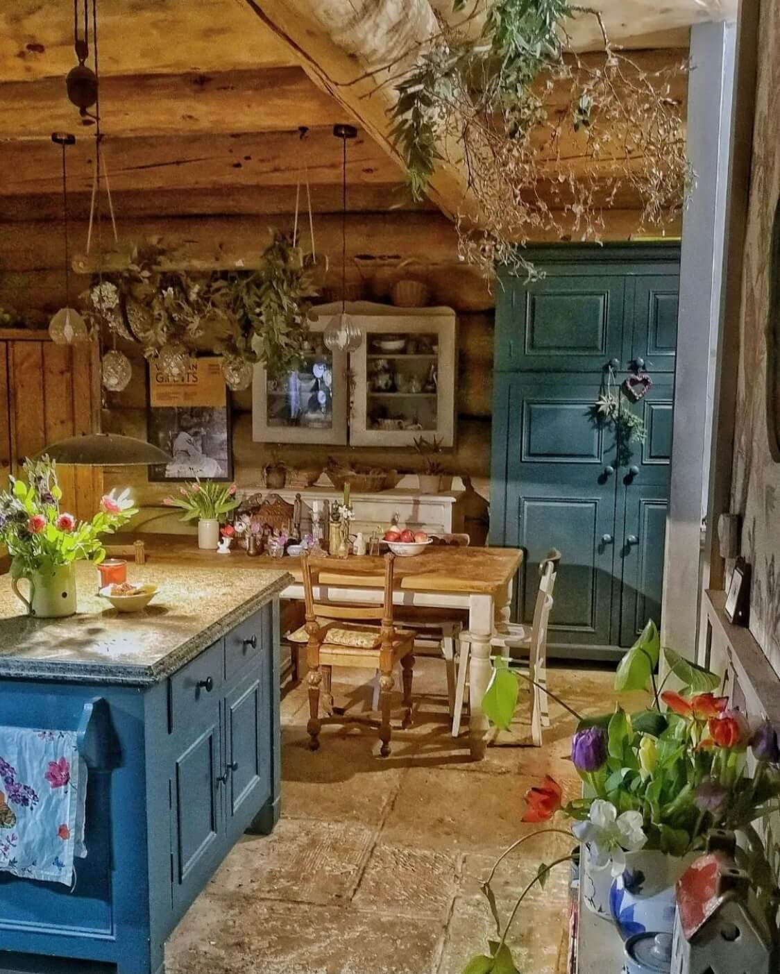 rustic-kitchen-blue-cabinets-log-house-scotland-nordroom