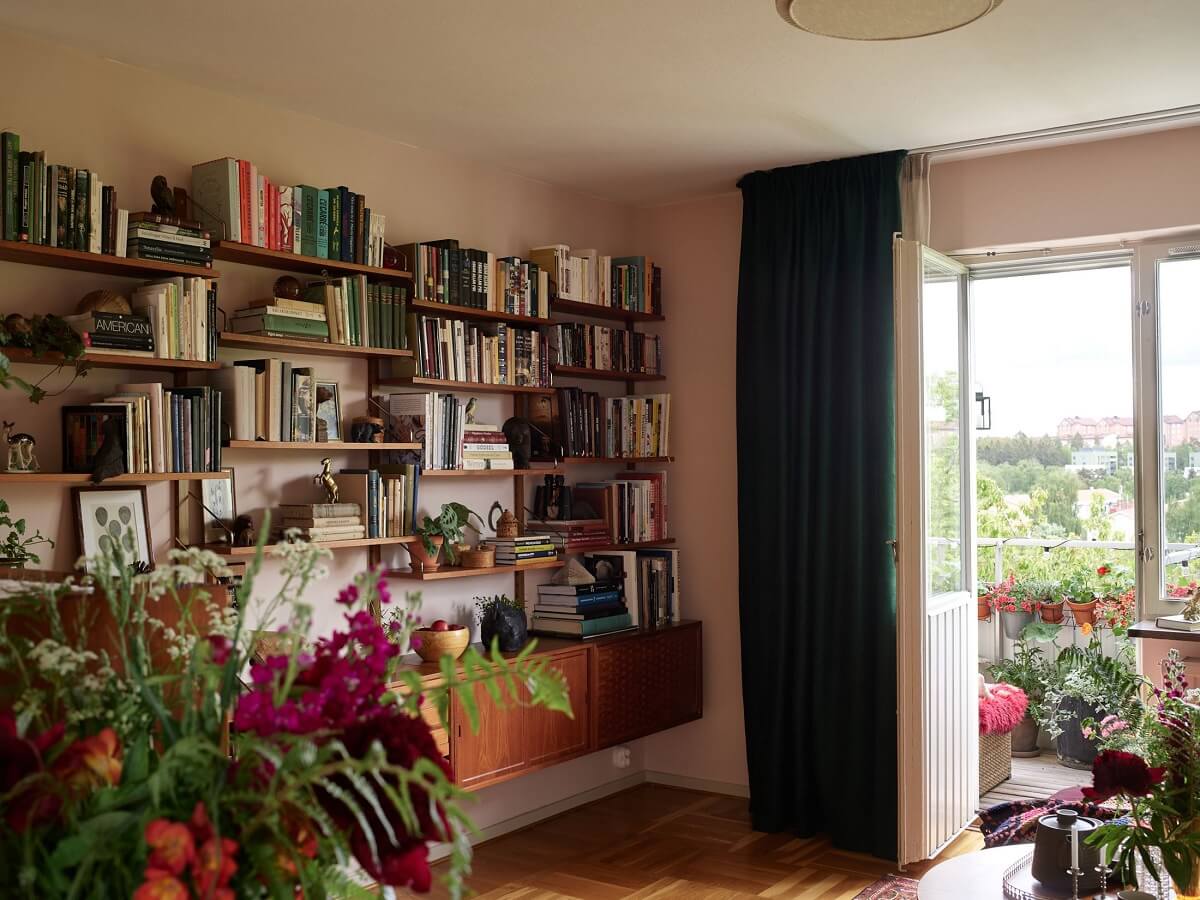 sitting room bookshelves pink ground farrow ball nordroom Midcentury Furniture in a Pink and Green Home