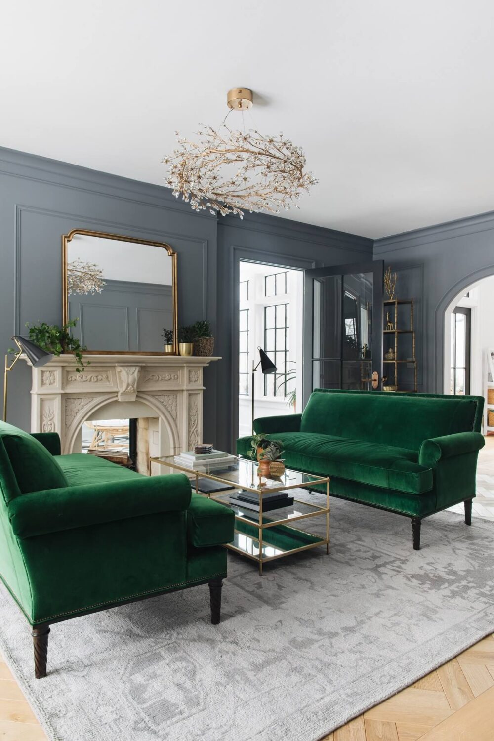 benjamin moore englewood cliffs gray wall paint green velvet sofa nordroom The Best Classic Paint Colors For A Timeless Living Room