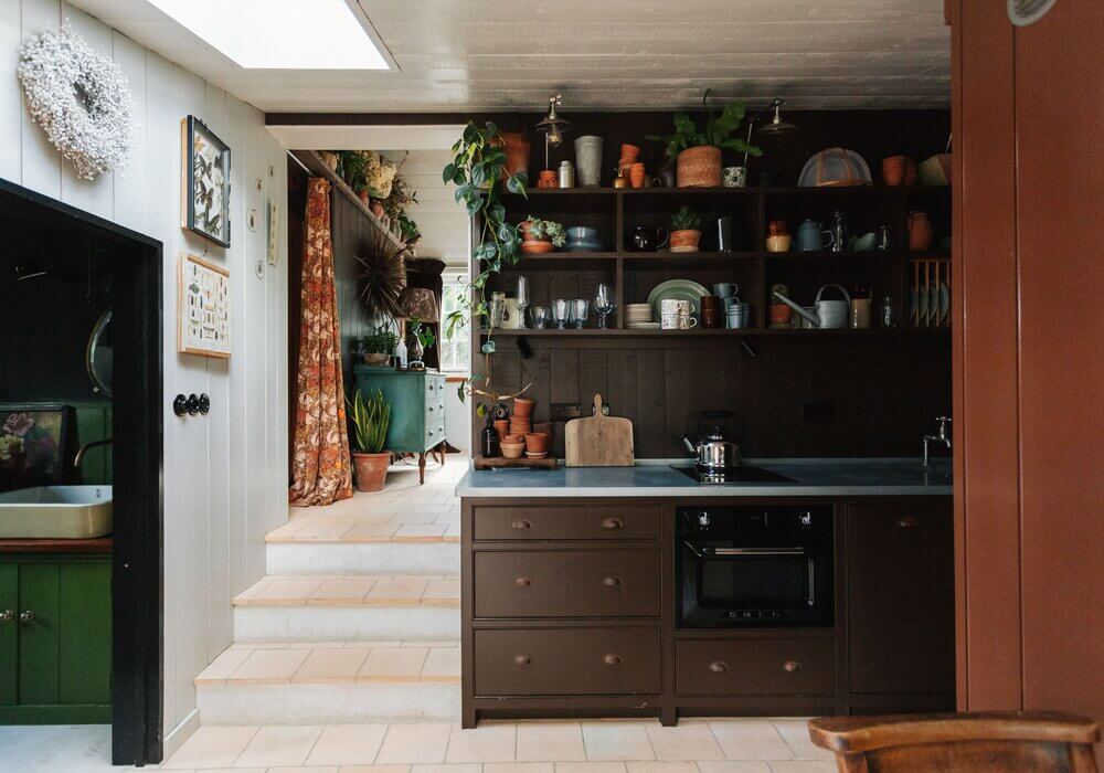 open-cabinets-brown-kitchen-vintage-rental-cottage