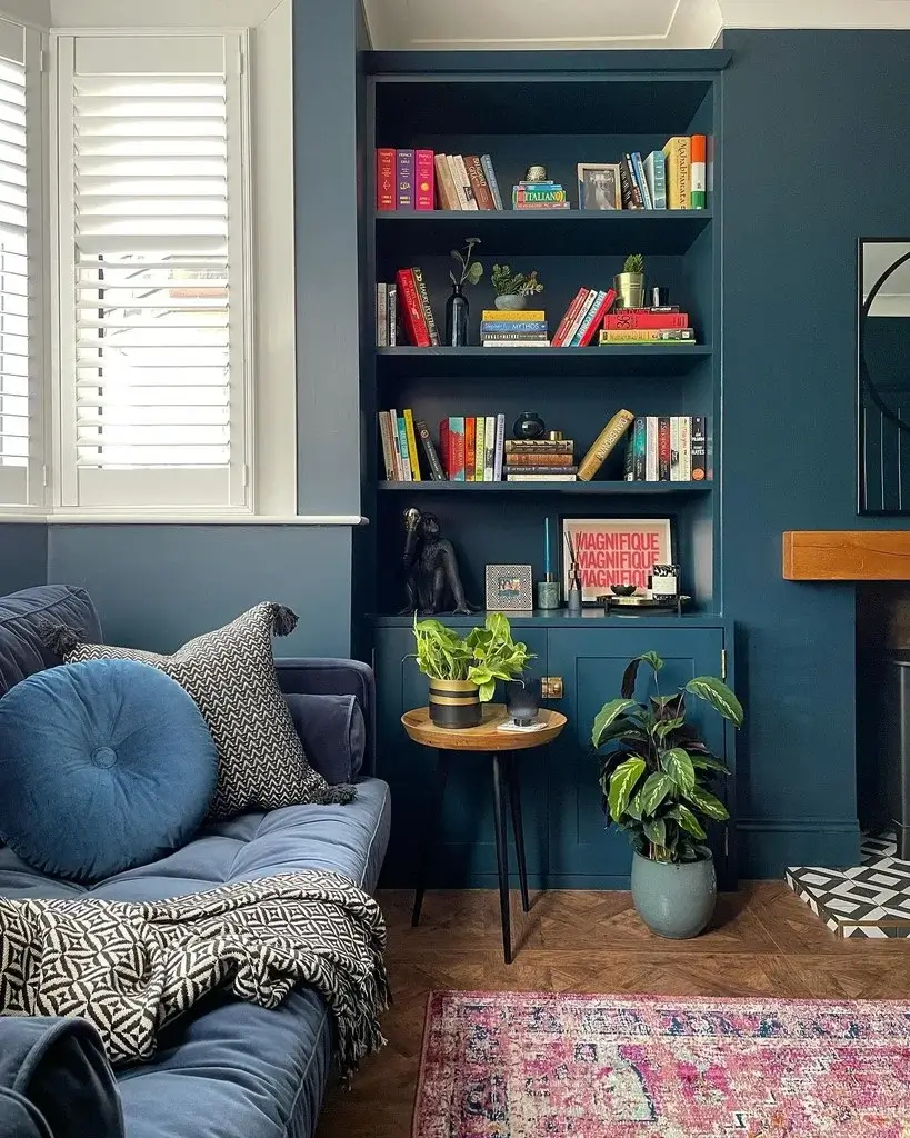 farrow ball hague blue living room shelves nordroom The Best Classic Paint Colors For A Timeless Living Room