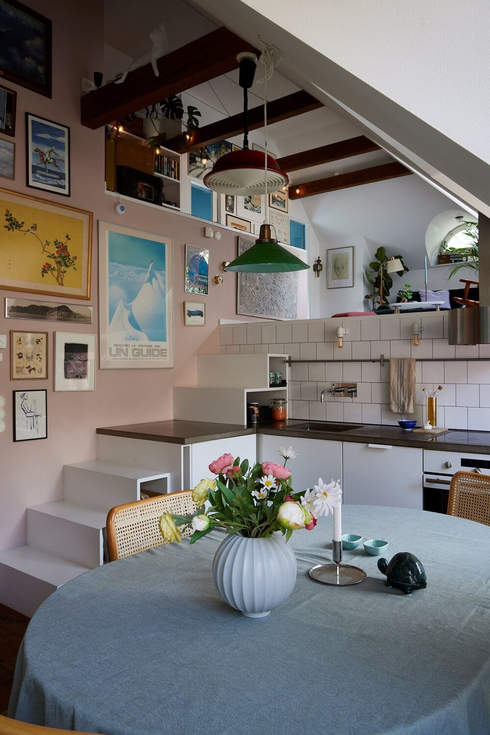 A Split-Level Attic Apartment with Blue Bedroom