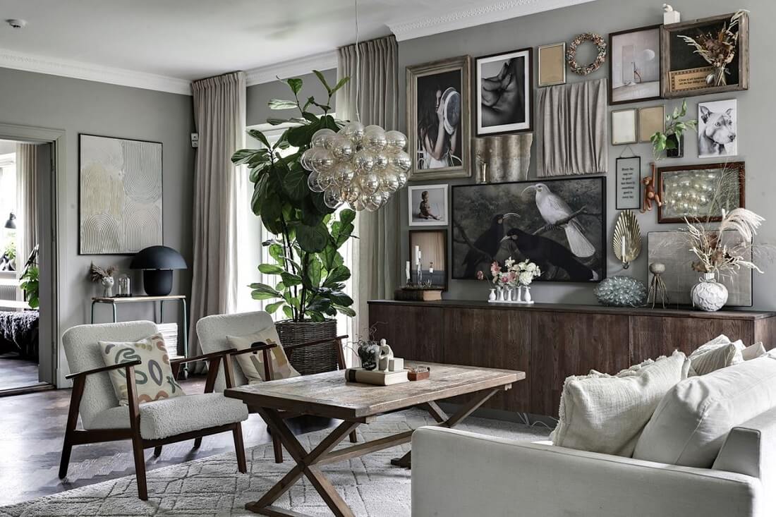 A Swedish 1930s Villa Decorated in Gray and Green Tones 1 living-room-gray-walls-gallery-wall-nordroom