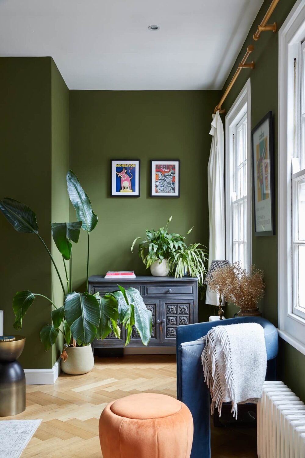 living-room-olive-green-walls-blue-armchair-nordroom
