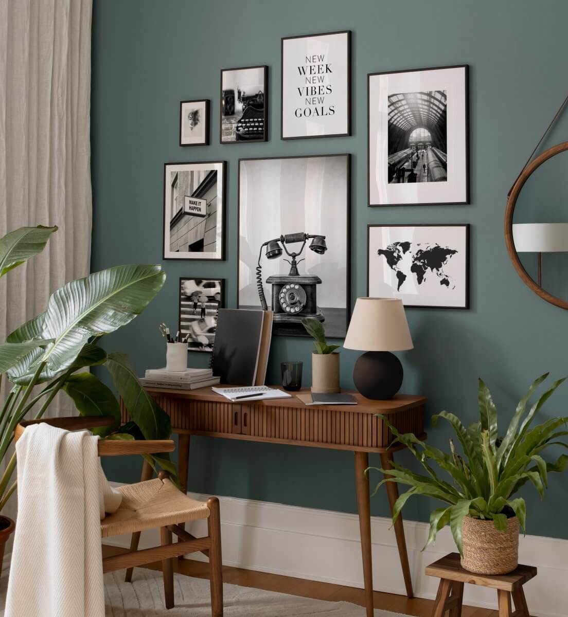 teal-wall-color-home-office-small-wooden-desk-black-white-art-nordroom