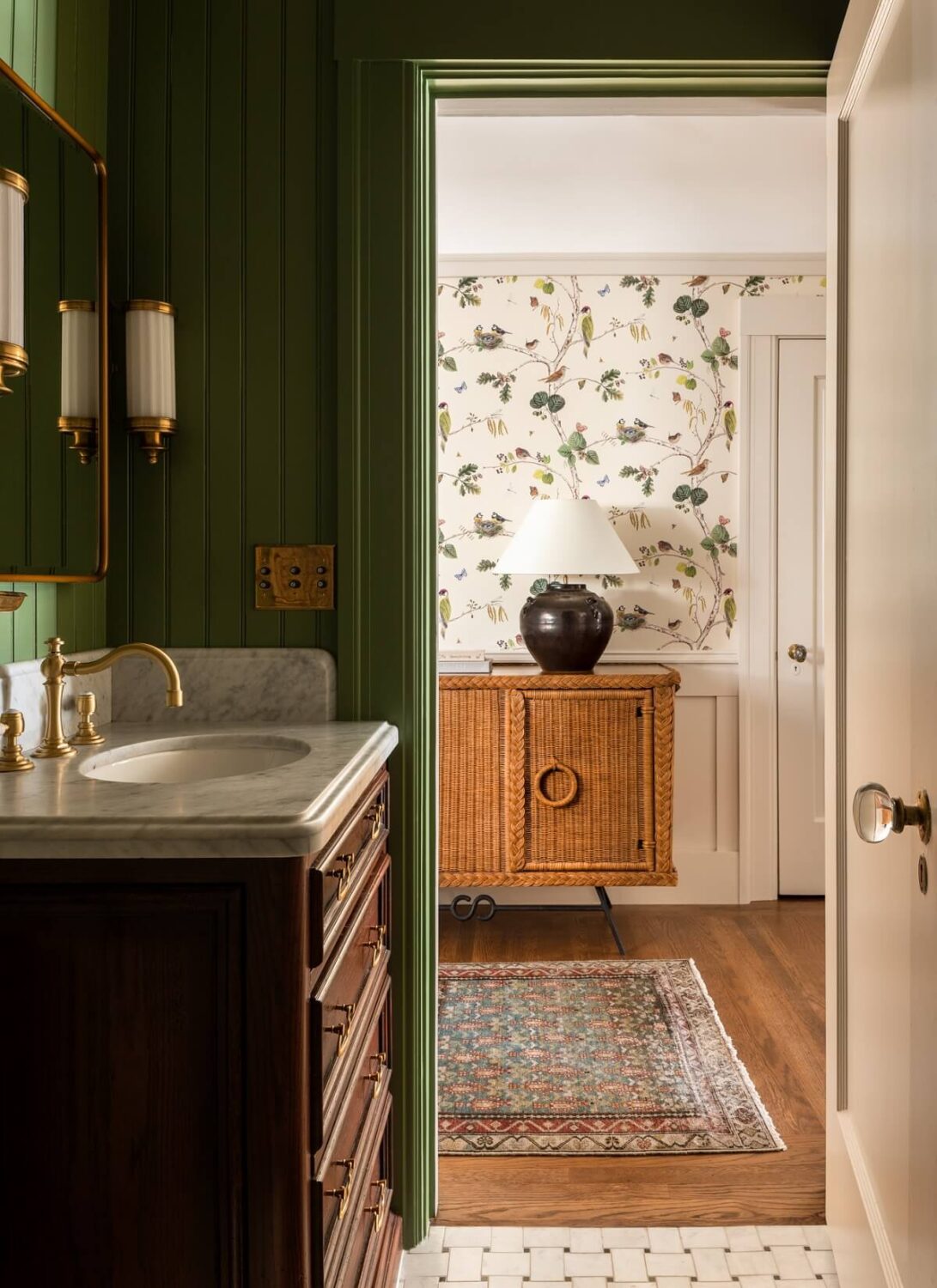 Heidi-Caillier-Design-Cow-Hollow-SF-interior-design-green-bathroom-birds-wallpaper