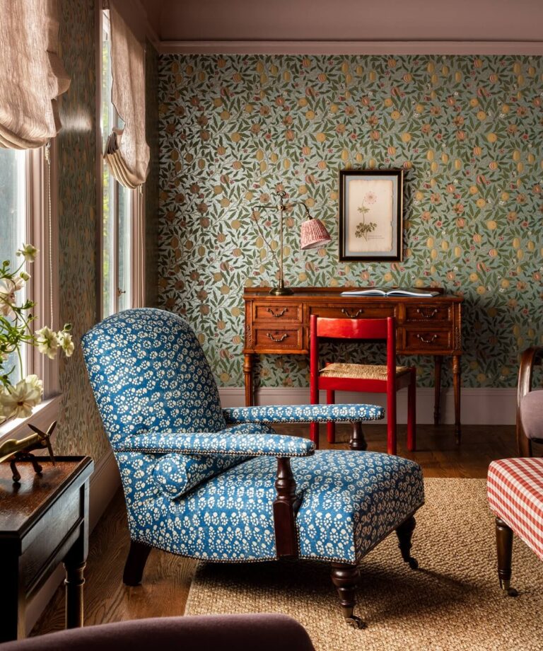 Heidi-Caillier-Design-Cow-Hollow-SF-interior-design-william-morris-wallpaper-red-chair