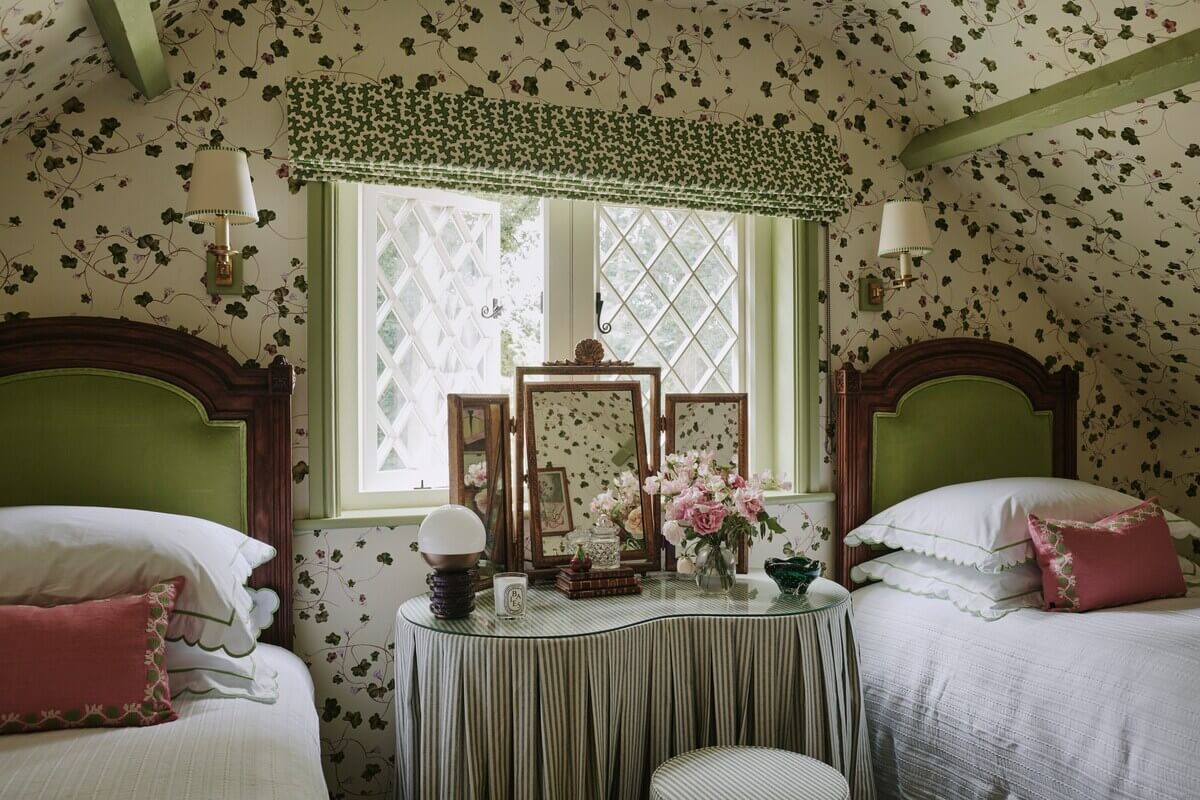 cottage-bedroom-sloped-ceilings-green-wallpaper-nordroom