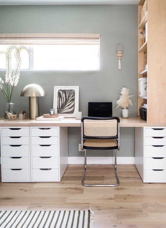 double-ikea-desk-diy-hack-alex-drawer-unit-light-green-walls-striped-rug-nordroom