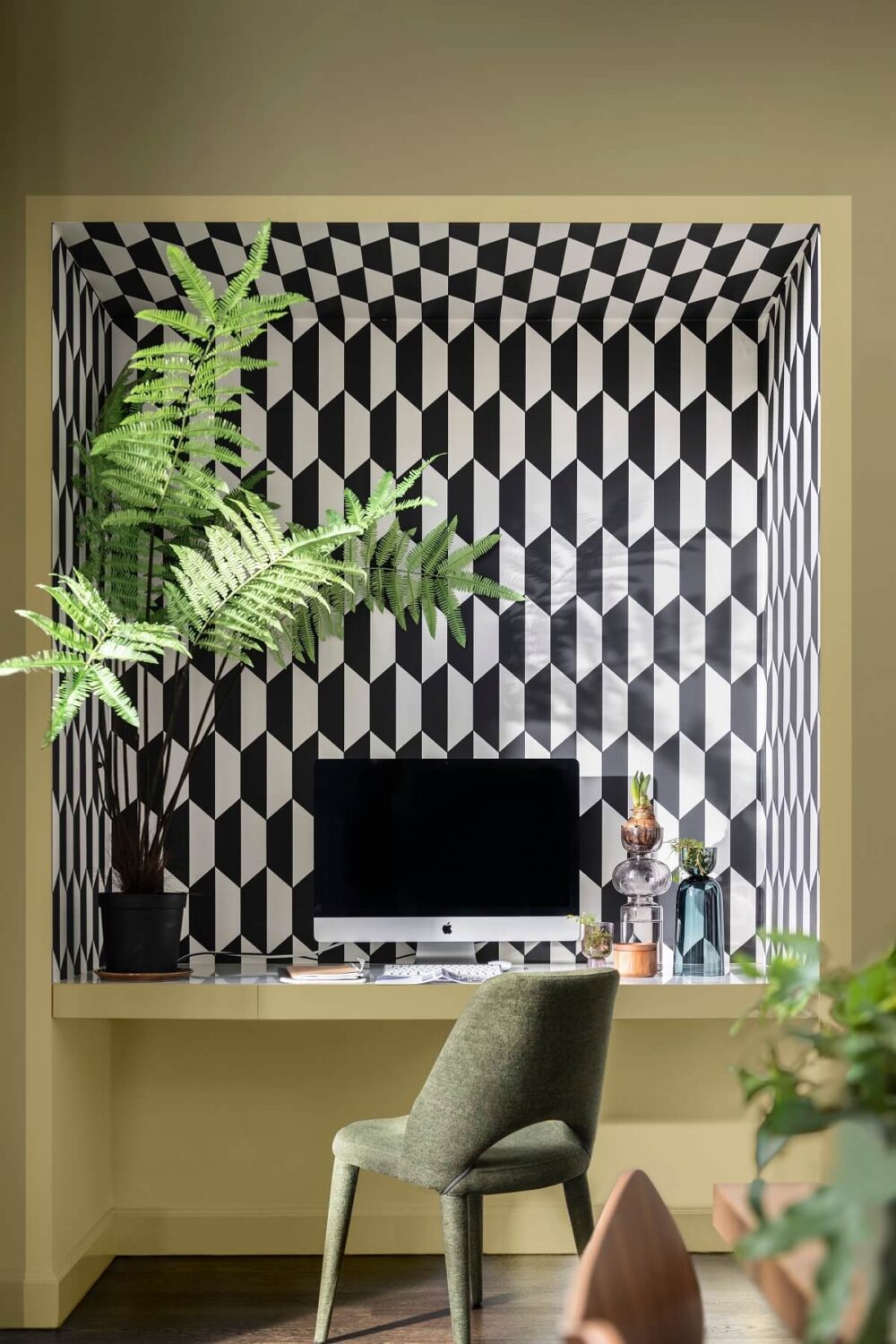dulux-color-trends-color-of-the-year-wild-wonder-2023-lush-color-palette-built-in-home-office-geometric-accent-wall-nordroom