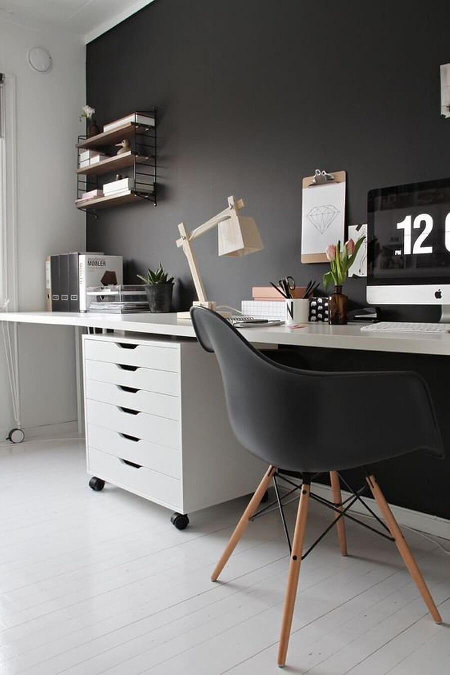 monochrome-home-office-black-wall-double-desk-alex-drawer-nordroom