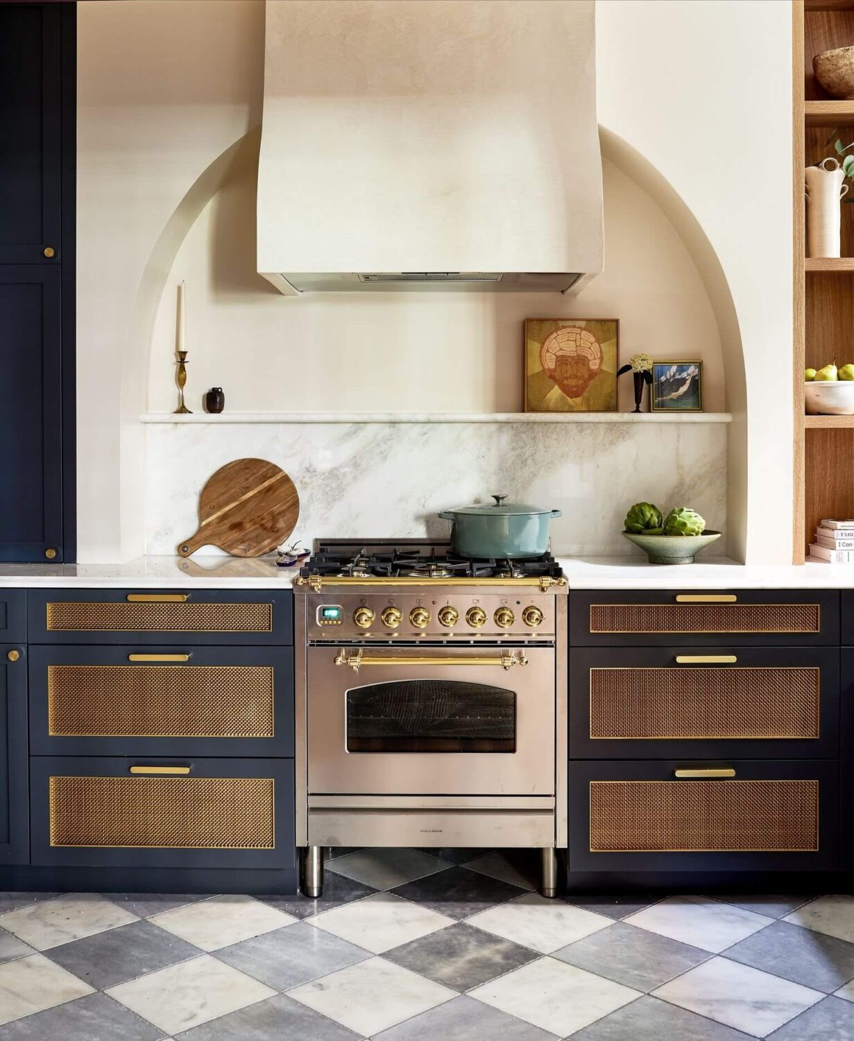 dark-blue-kitchen-cabinets-arch-checkerboard-floor-nordroom