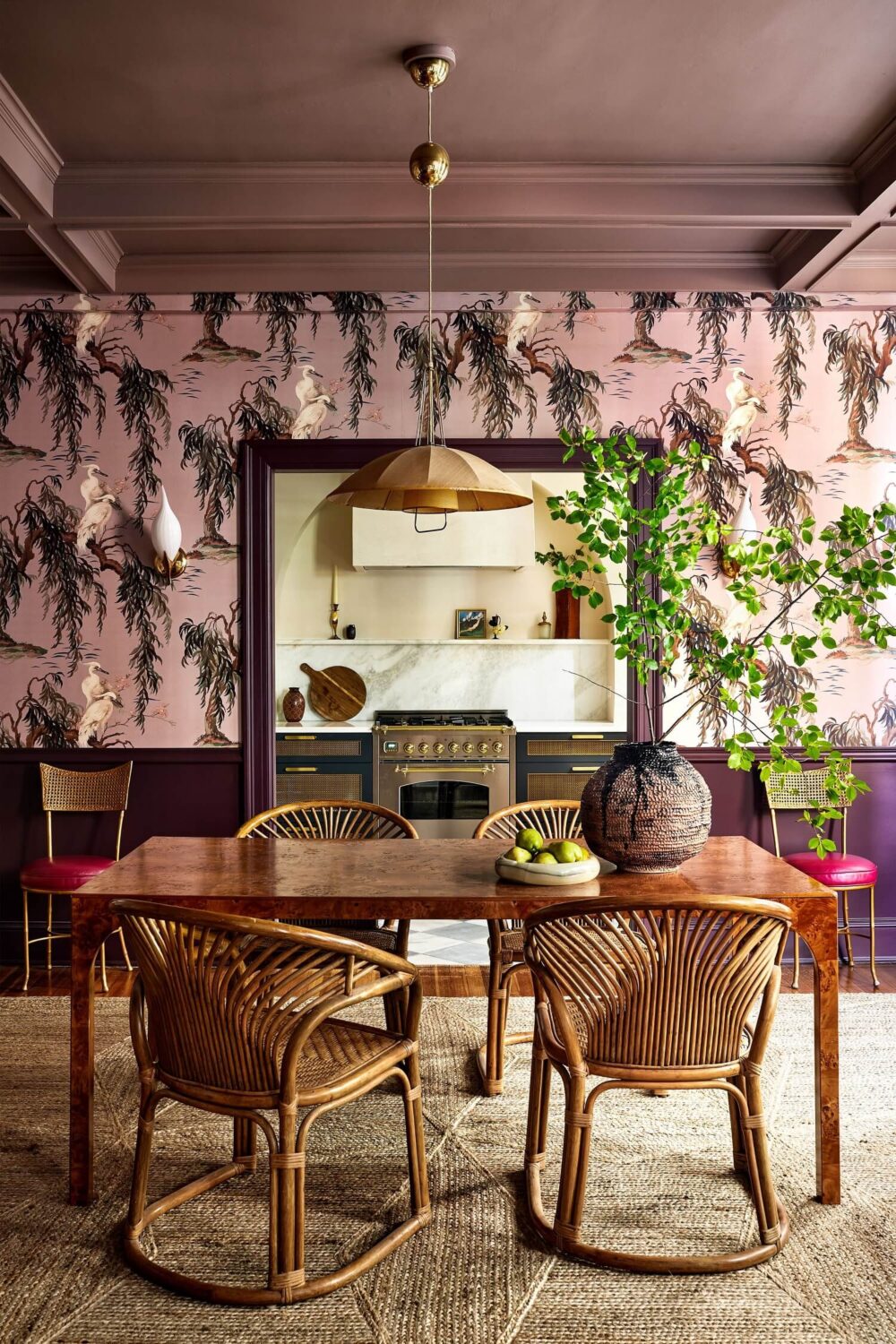 dining-room-wicker-chair-house-of-hackney-wallpaper-purple-accent-color-nordroom