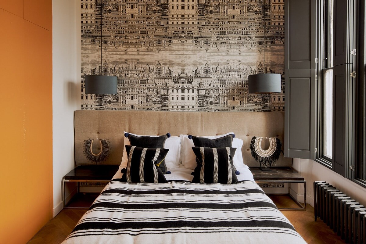 fornasetti-wallpaper-cole-and-son-bedroom-gray-shutters-orange-wardrobes-nordroom