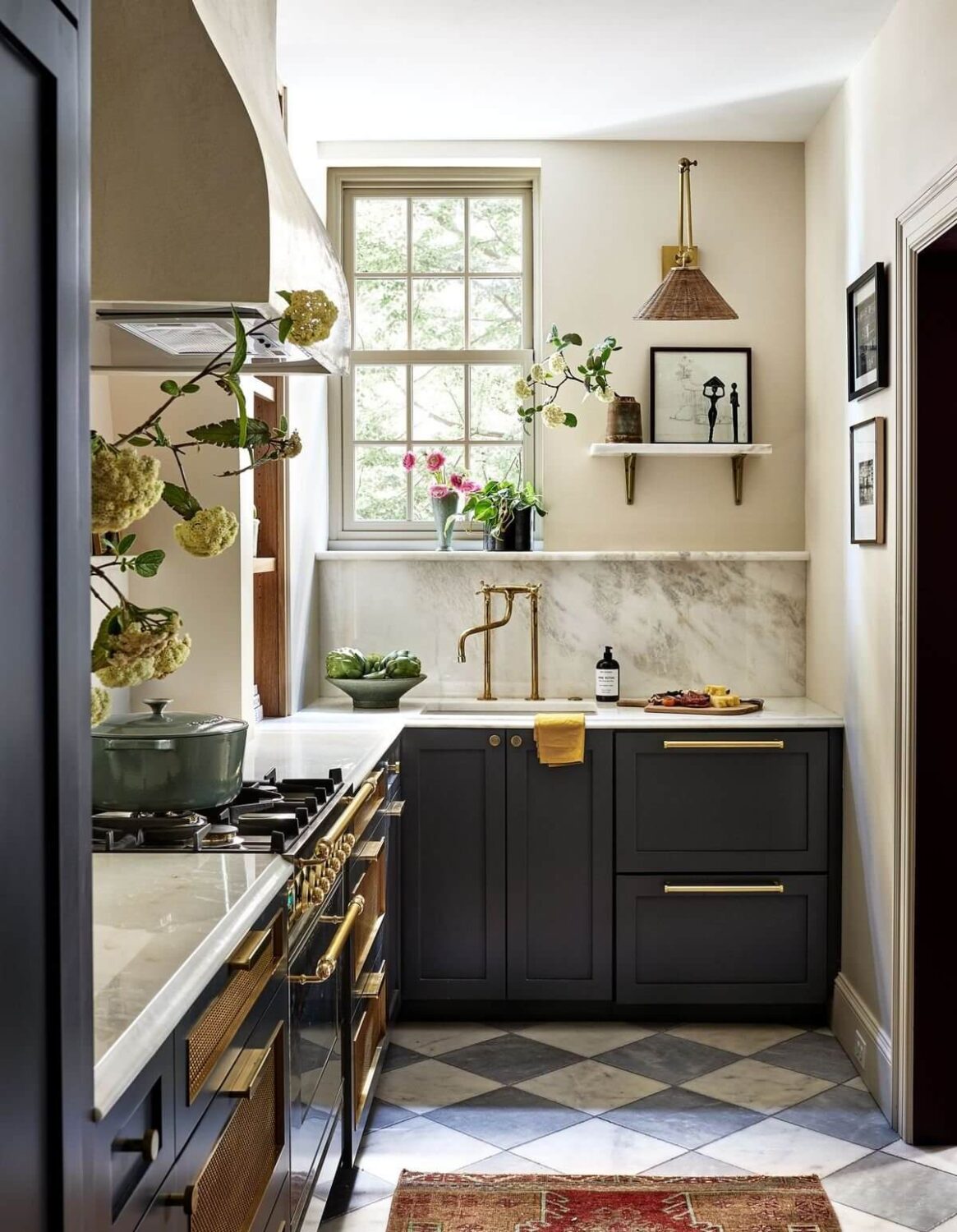 galley-kitchen-blue-cupboards-checkerboard-floor-nordroom