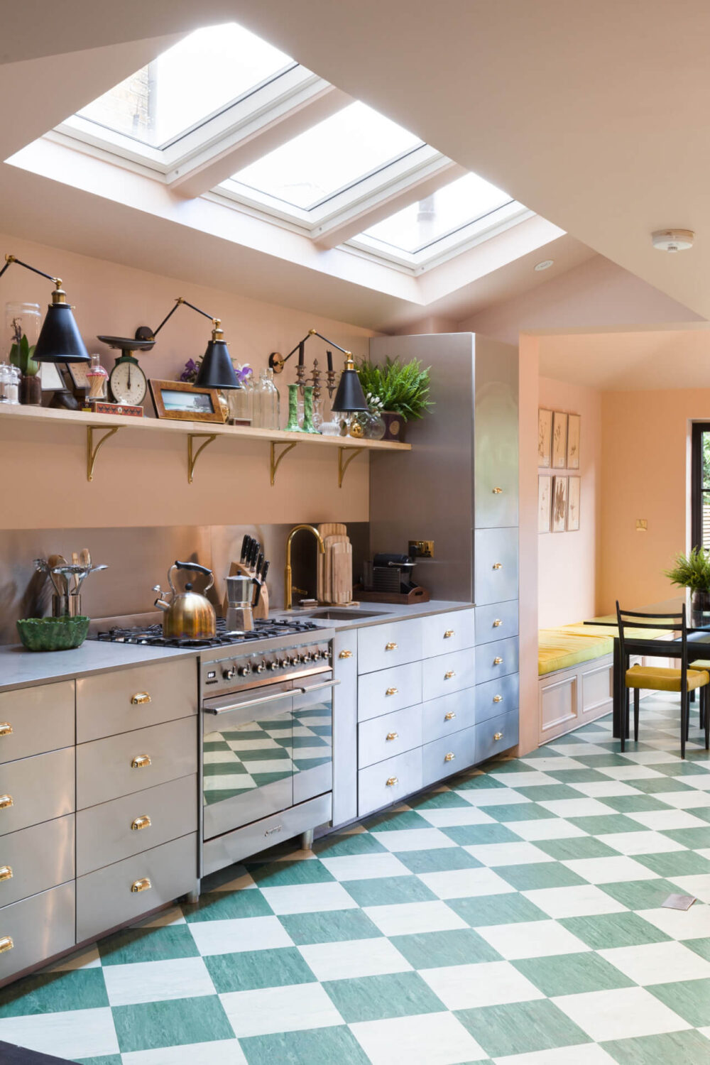 stainless-steel-kitchen-open-shelf-skylights-green-white-checkerboard-floor-nordroom