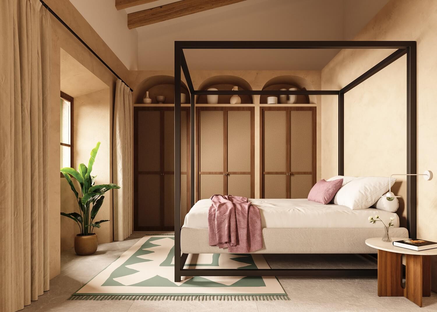 bedroom-canopy-bed-built-in-wardrobes-arches-townhouse-mallorca-nordroom