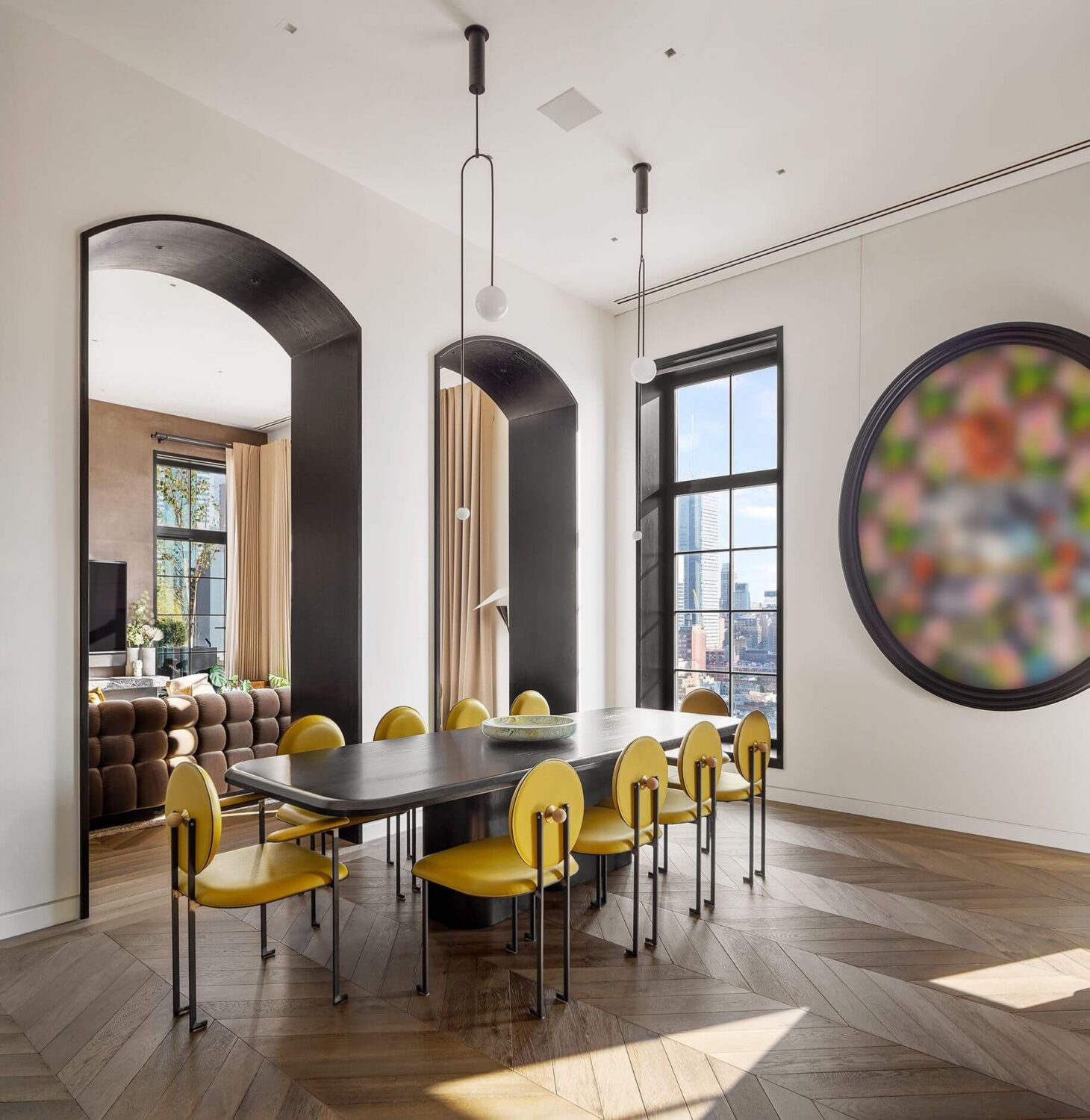 dining-area-yellow-chairs-chevron-floor-penthouse-manhattan-nordroom