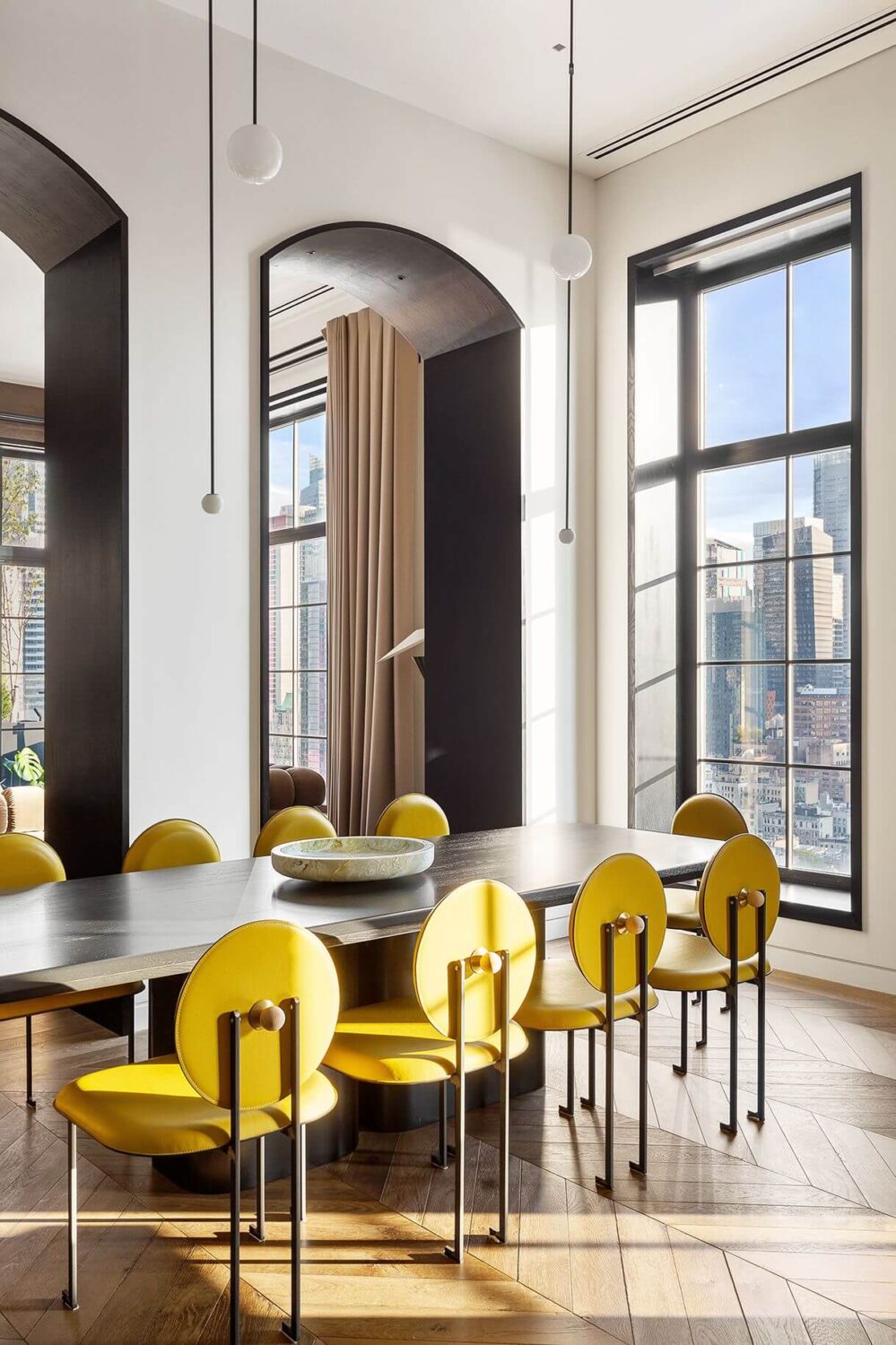 dining-room-yellow-chairs-chevron-floor-trevor-noah-penthouse-nordroom