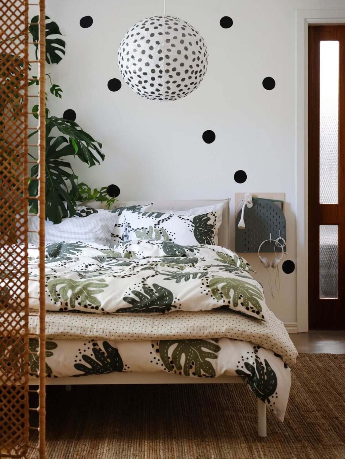 ikea-bedroom-KLÄTTERKALLA-duvet-cover-REGOLIT-pendant-lampshade-polkadot-feature-wall-nordroom