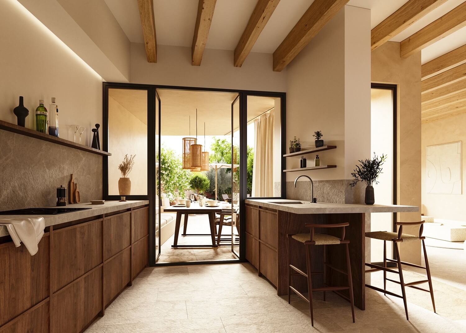 kitchen-walnut-cabinets-exposed-beams-townhouse-mallorca-nordroom