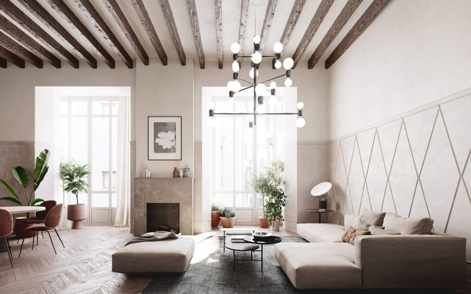living-room-exposed-beams-chevron-floor-nordroom